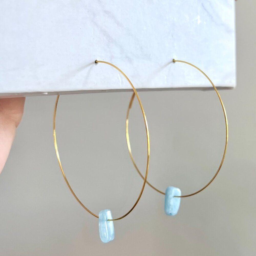 Gold Memory Wire Delicate Hoop Earrings with Blue Crystal Accent